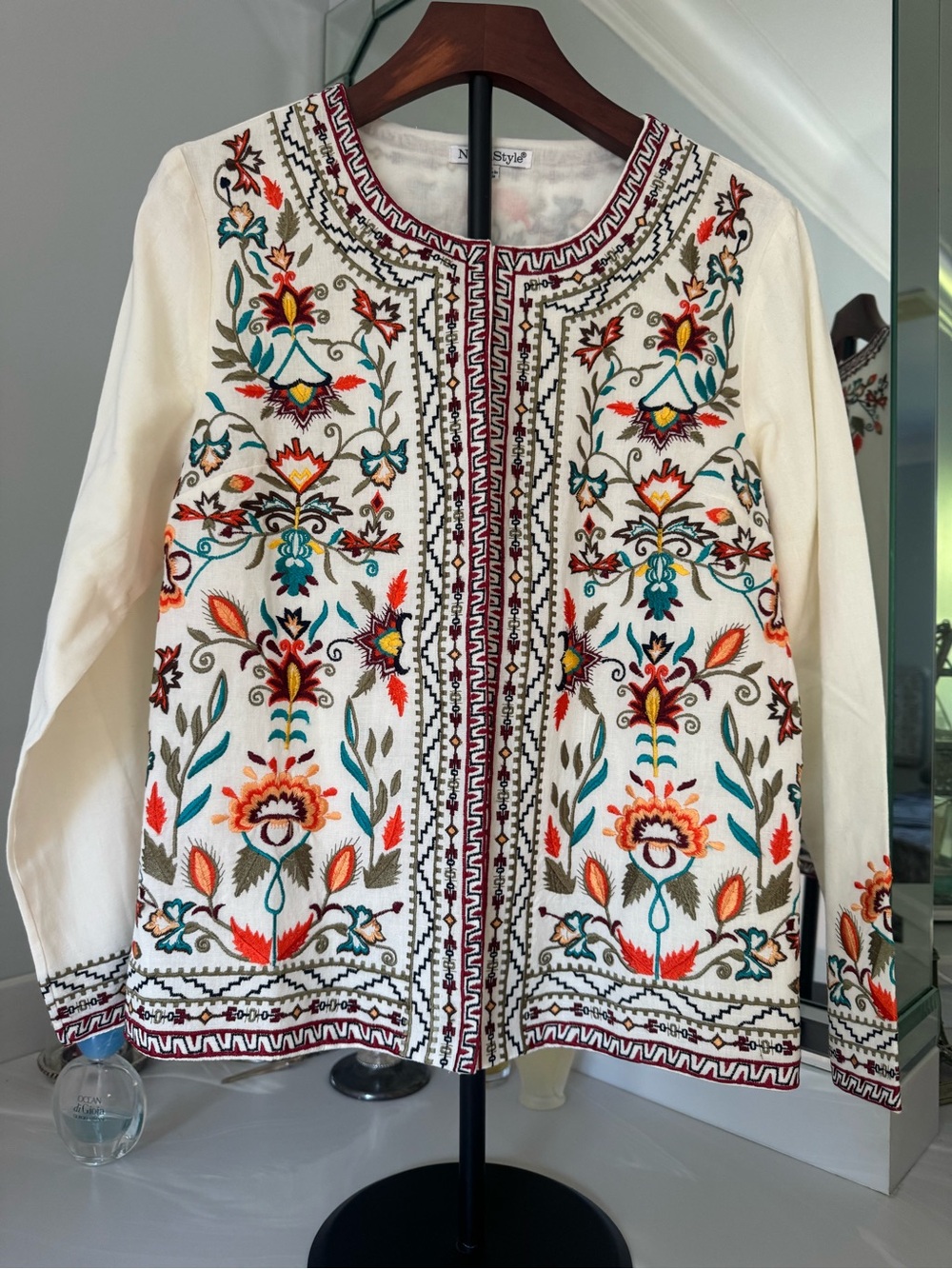 NorthStyle Cream Embroidered Boho Blouse Jacket with Teal & Orange Accents US-S